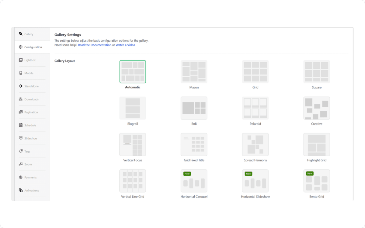 envira-gallery-layout-picker-new-layouts-1 - Envira Gallery Envira Gallery layout picker showing the new Horizontal Carousel, Horizontal Slideshow, and Bento Grid layouts