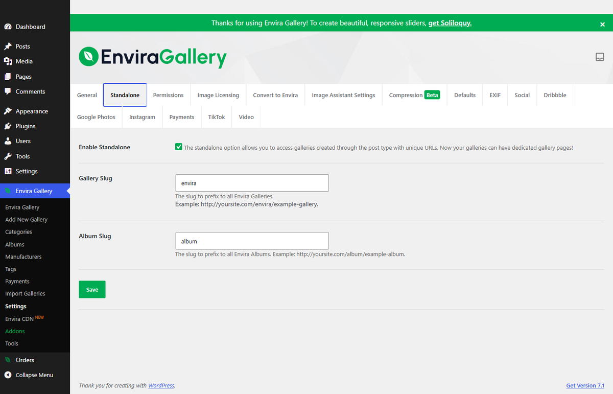 Envira Gallery Settings Standalone tab with Enable Standalone checked