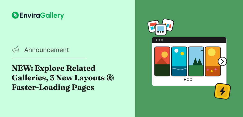 Announcement banner for EnviraGallery with headline about new related galleries, layouts, and faster pages; right shows a stylized gallery UI illustration.