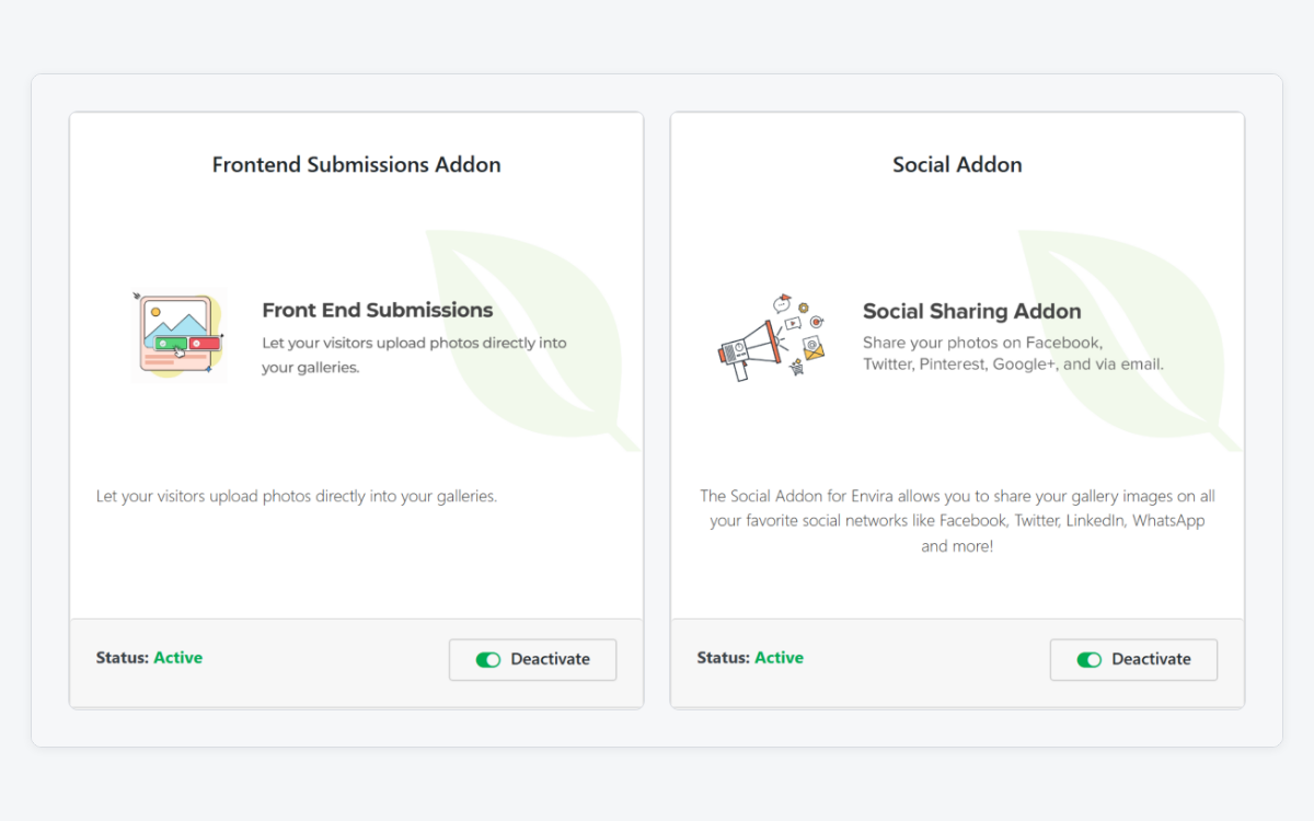 envira-addons-frontend-submissions-social-active-1200x750-2 - Envira Gallery Frontend Submissions and Social addons both showing as active on the Envira Gallery add-ons page