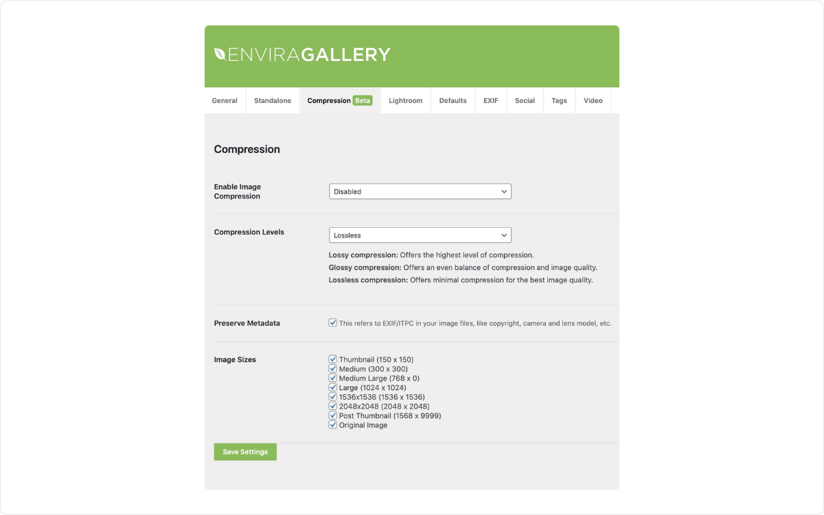 Envira Gallery compression settings, with the compression level and the image sizes to compress
