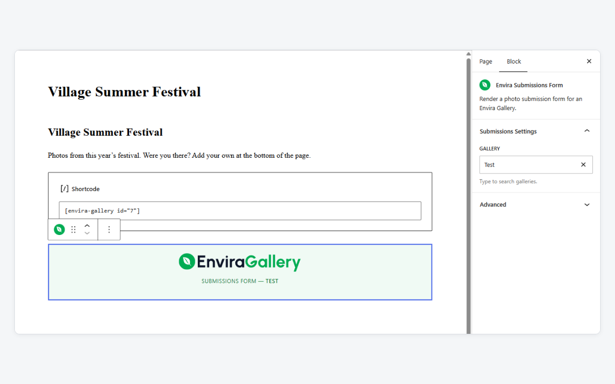 envira-doc-block-settings - Envira Gallery Envira Submissions Form block on a page, with the gallery chosen in the block settings panel