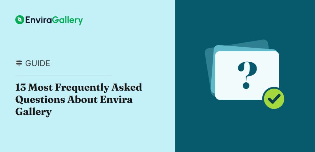 Three stacked photo cards with a question mark on the front card and a green check badge, next to the title 13 Most Frequently Asked Questions About Envira Gallery