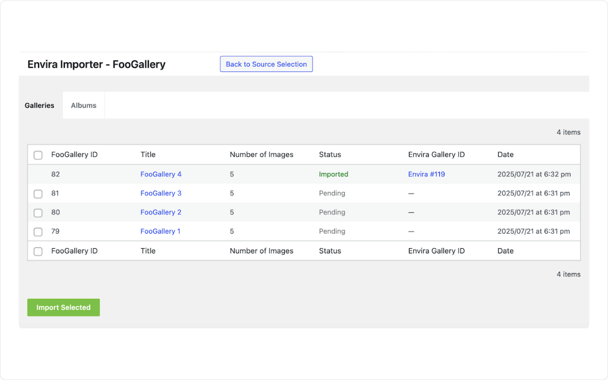 Selecting existing FooGallery galleries to bring across with the Envira Importer