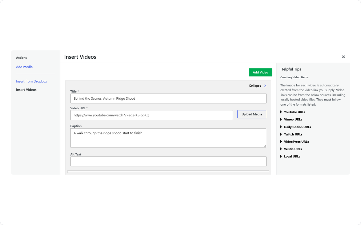 Envira Gallery Insert Videos panel with a YouTube link pasted into the Video URL field and the accepted video sources listed alongside