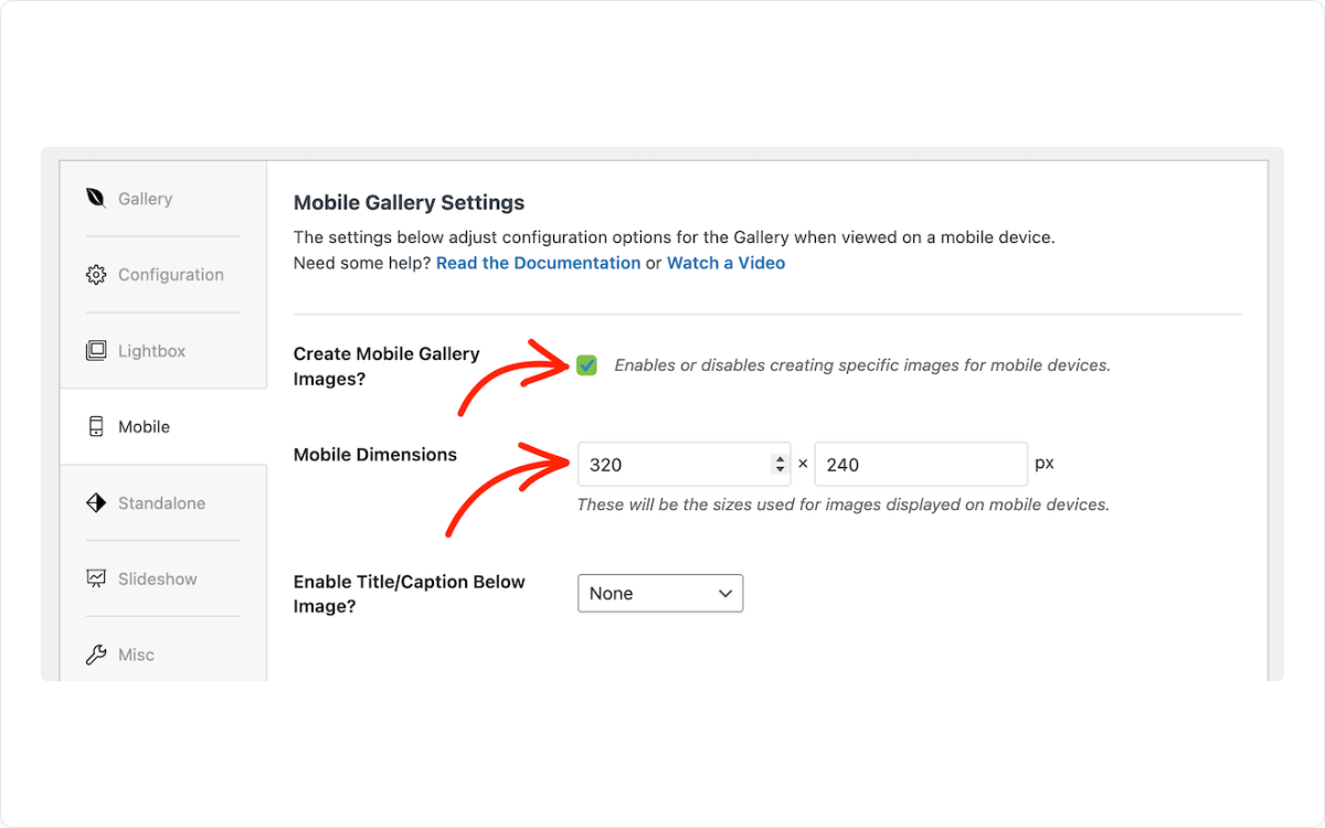 The Mobile tab in an Envira gallery, with the Create Mobile Gallery Images setting turned on
