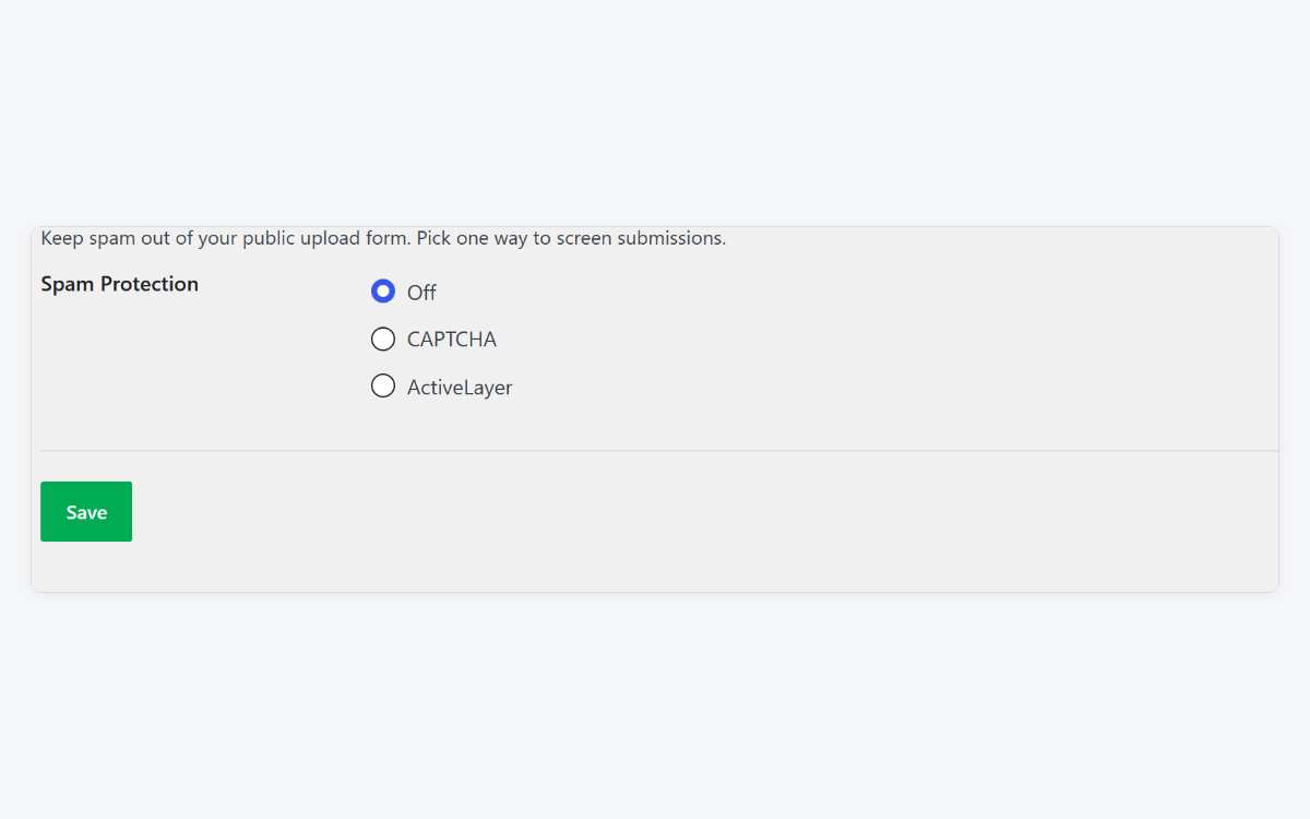envira-spam-protection-settings-fixed - Envira Gallery Spam protection setting for Envira Frontend Submissions, with Off, CAPTCHA and ActiveLayer options