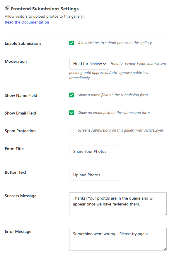 Frontend Submissions settings panel with toggles for enabling submissions, moderation, and field visibility, plus form texts like title and button label.