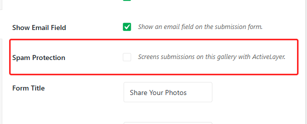 Settings panel: Email field shown, spam protection off, and form title set to 'Share Your Photos'.