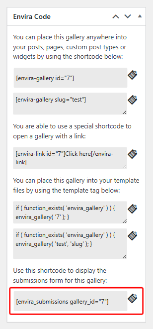 Envira Code panel showing gallery shortcodes: by id, by slug, link shortcode, template tag, and submissions shortcode.