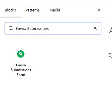 Envira Submissions form panel with a green logo and a search box labeled 'Envira Submissions'.