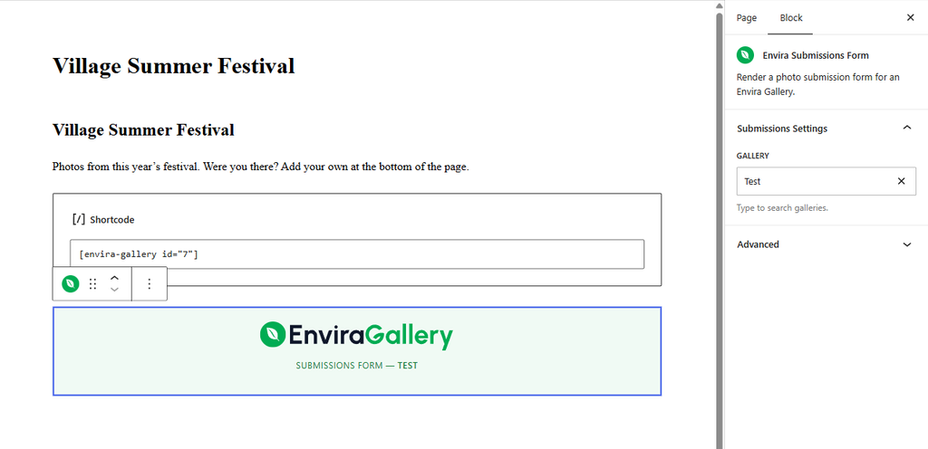 Web page titled Village Summer Festival with a shortocode block and an EnviraGallery submissions form banner reading TEST at the bottom of the page.