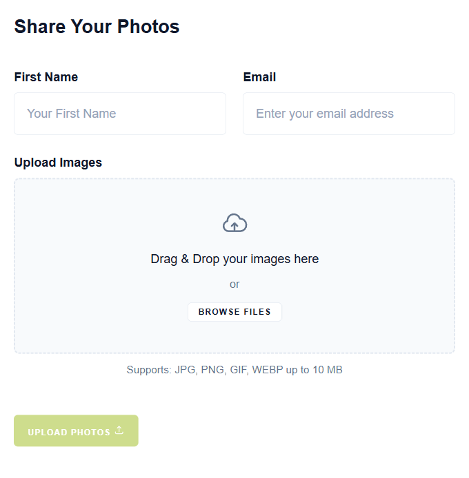 Share Your Photos form: fields for First Name and Email with an image upload area below, plus a Browse Files button and Upload Photos CTA.