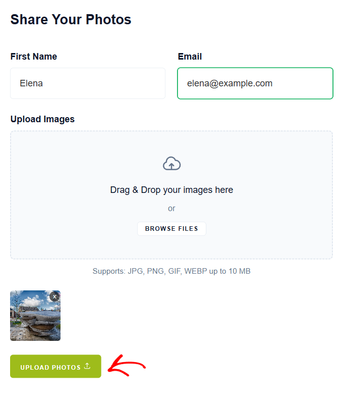 Form titled 'Share Your Photos' with First Name and Email fields and a large drag‑and‑drop image area; green 'Upload Photos' button visible.