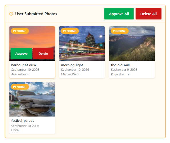 Moderation panel showing four user-submitted photos labeled PENDING, with Approve/Delete actions and each card shows title, date, and author.