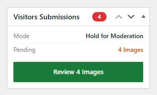 Moderation dashboard: Visitors Submissions with 4 pending images awaiting review and a green Review 4 Images button.