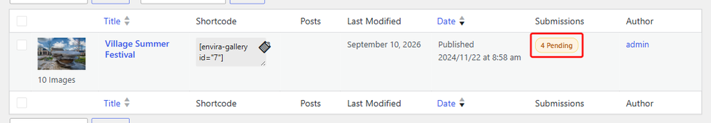 Admin dashboard row for 'Village Summer Festival' with thumbnail, shortcode , and a highlighted 4 Pending submissions.