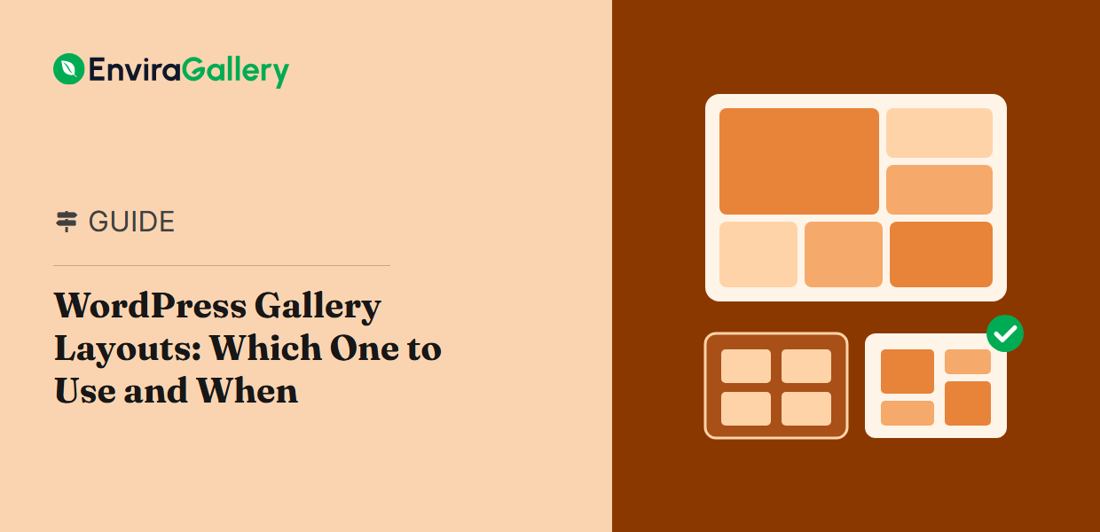 Envira Gallery featured image for a guide to WordPress gallery layouts, showing a bento-style arrangement of photo tiles beside two smaller layout options with one marked as chosen